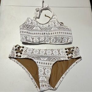 Becca White Crochet Bikini Small Top Medium Bottom Boho Lace Up E2